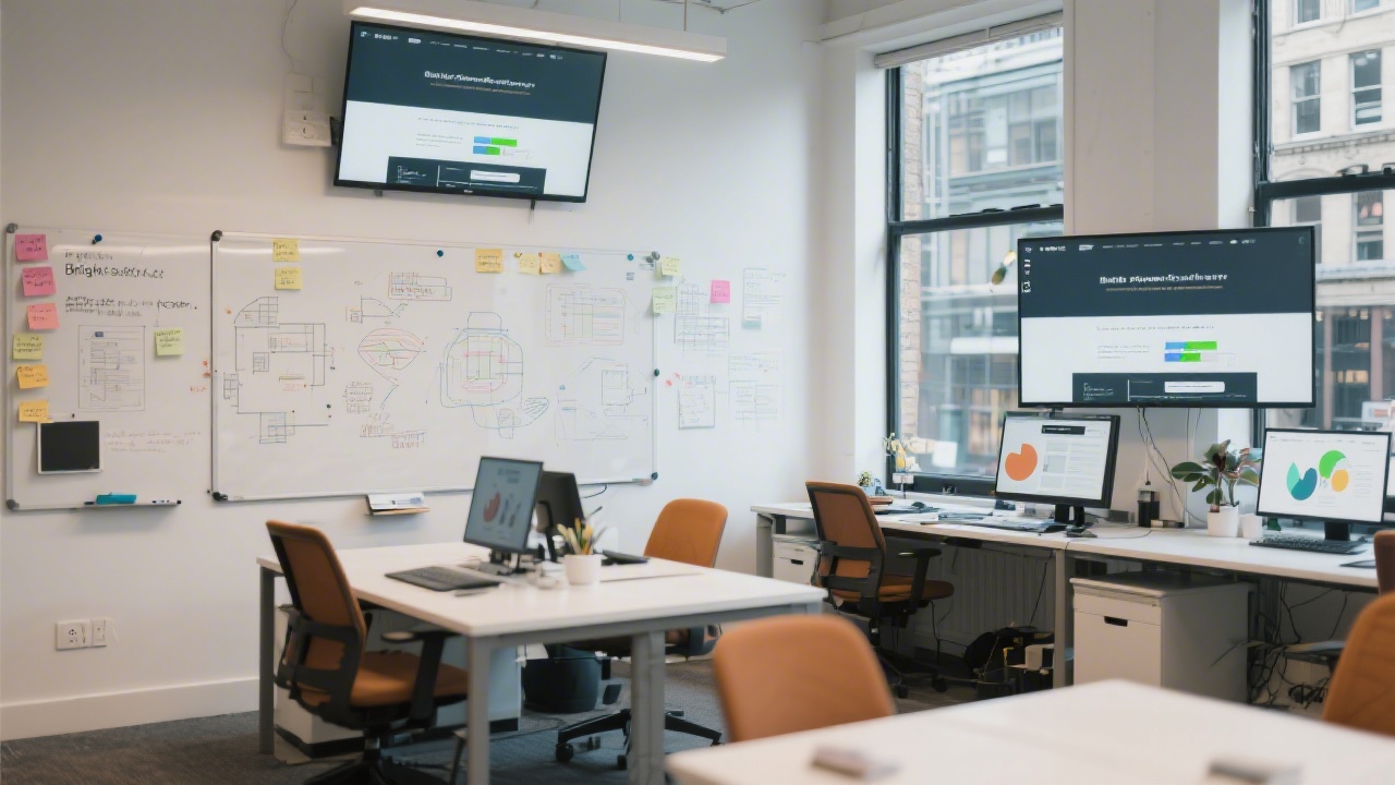 Bright shared workspace in a city centre office with whiteboards, project notes, and screens showing business website wireframes and design mockups.
