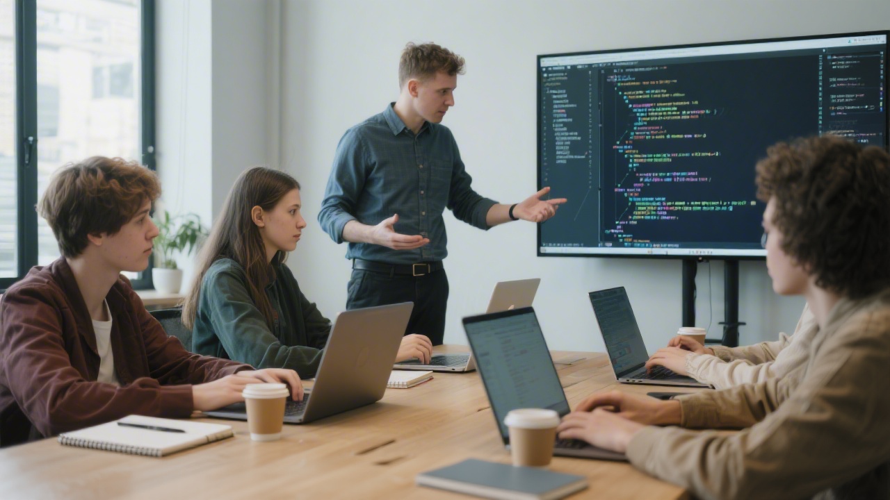 Students working on laptops at a shared table with notebooks and coffee, a trainer guiding them through wireframes and code snippets on screens.