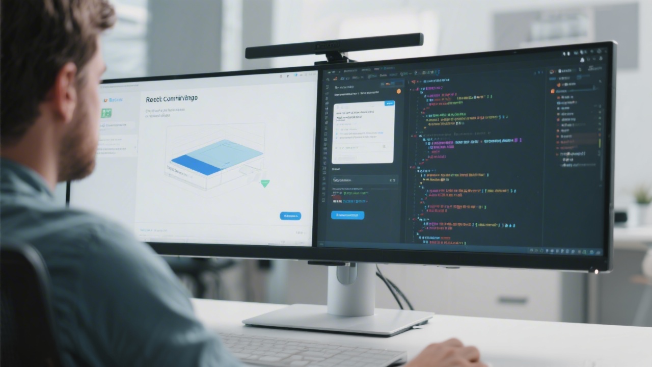 Developer working on a React component view on a large monitor, with code editor and browser preview open side by side in a clean workspace.