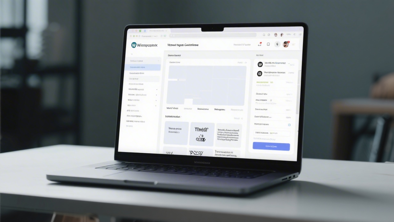 Laptop screen showing a WordPress editor with blocks and a theme preview, next to a notebook with development steps and a pencil.